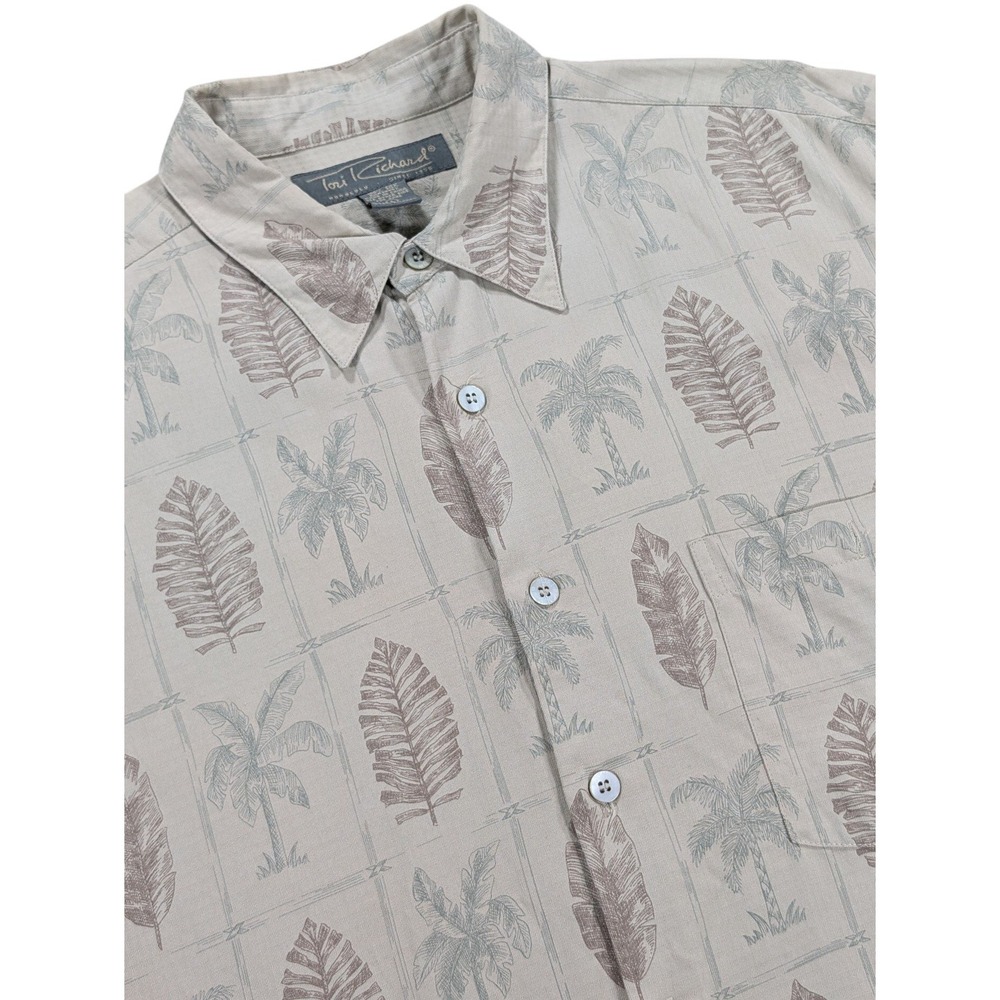 Tori Richard Shirt Mens Large Beige Palm Silk‎ Hawaiian Aloha Camp Y2K Vintage